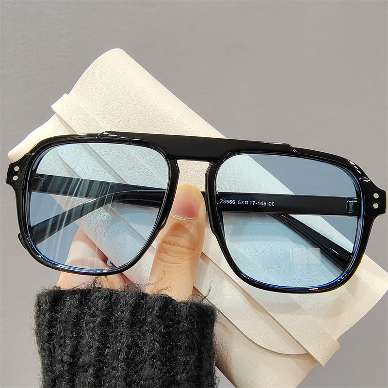 Oversized Double Bridge Aviator Sunglasses - Black_B