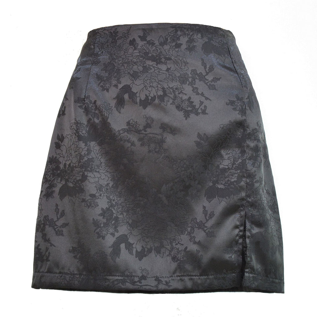 Floral Jacquard Satin Split Mini Skirt - Black