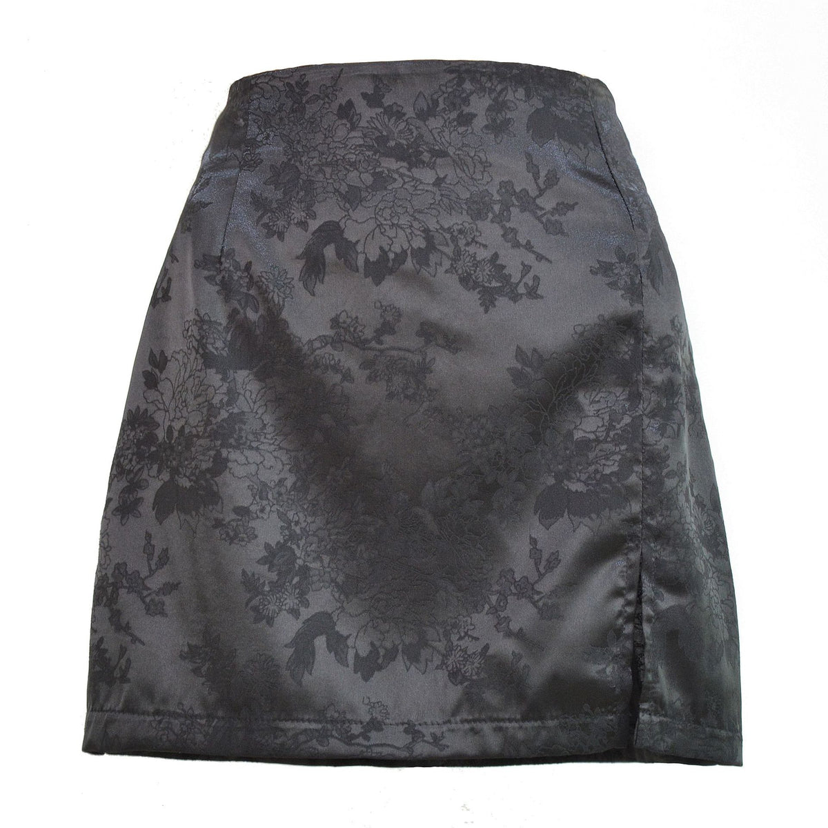Floral Jacquard Satin Split Mini Skirt - Black