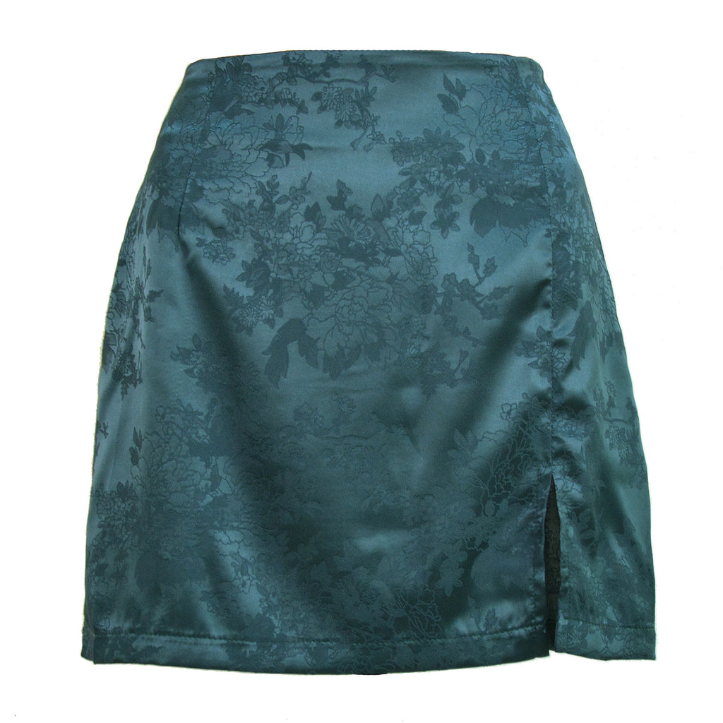 Floral Jacquard Satin Split Mini Skirt - Darkgreen