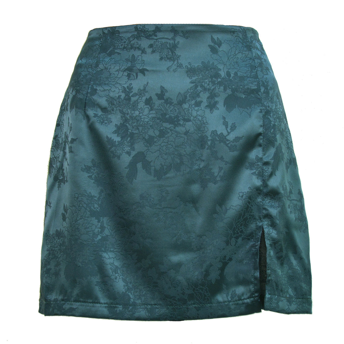Floral Jacquard Satin Split Mini Skirt - Darkgreen