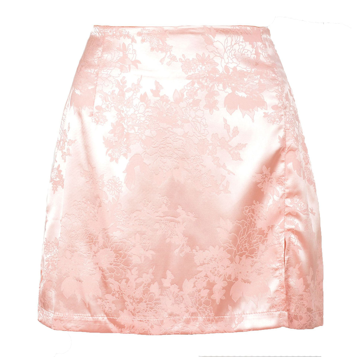 Floral Jacquard Satin Split Mini Skirt - Pink