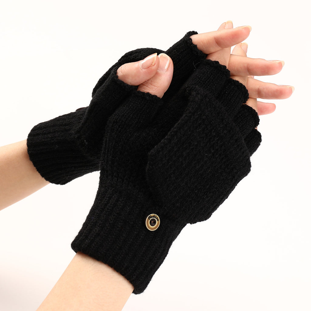 Convertible Flip Top Mitten Knit Gloves - Black