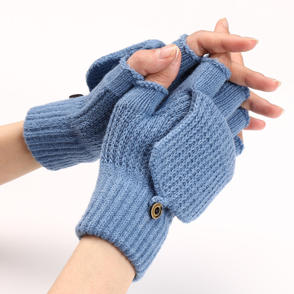 Convertible Flip Top Mitten Knit Gloves - Blue