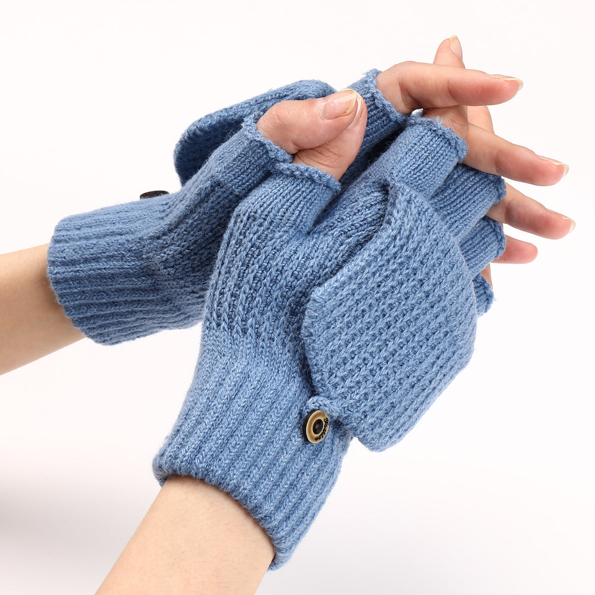 Convertible Flip Top Mitten Knit Gloves - Blue