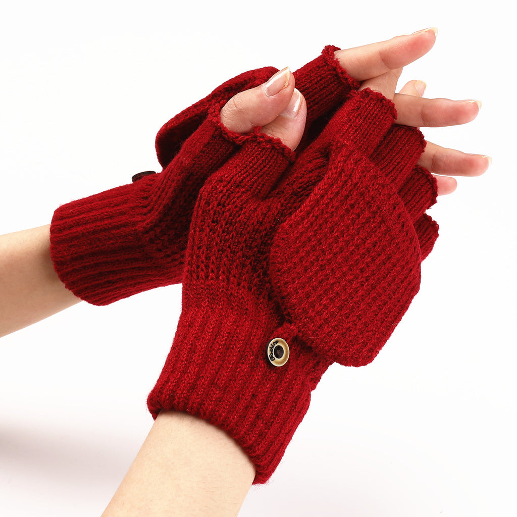 Convertible Flip Top Mitten Knit Gloves - Red