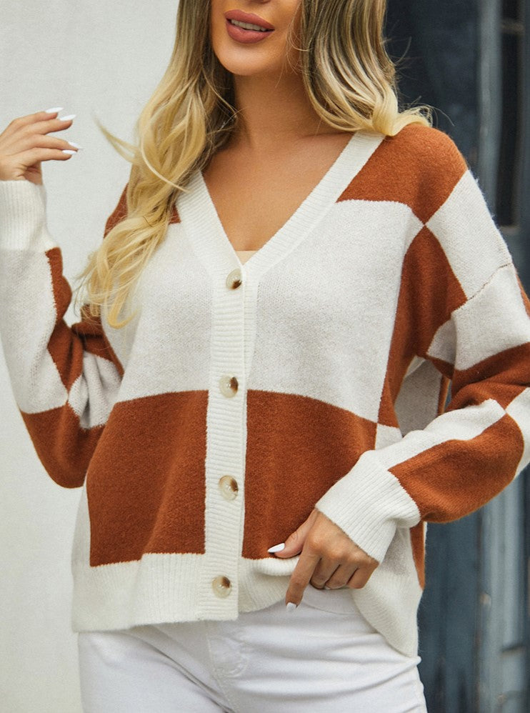 Patchwork Check Button Front Knit Cardigan - Camel