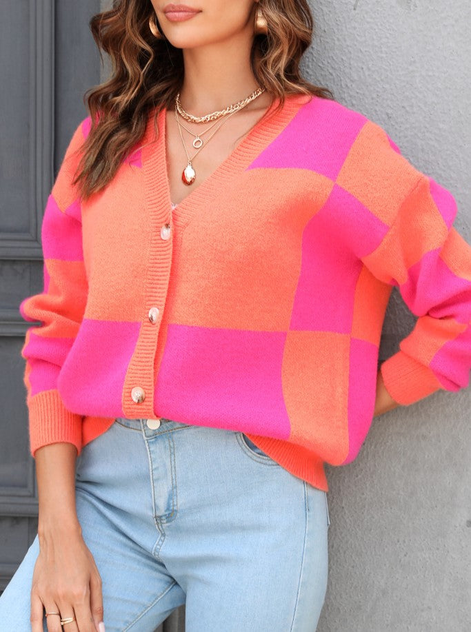 Patchwork Check Button Front Knit Cardigan - Rosered - 2