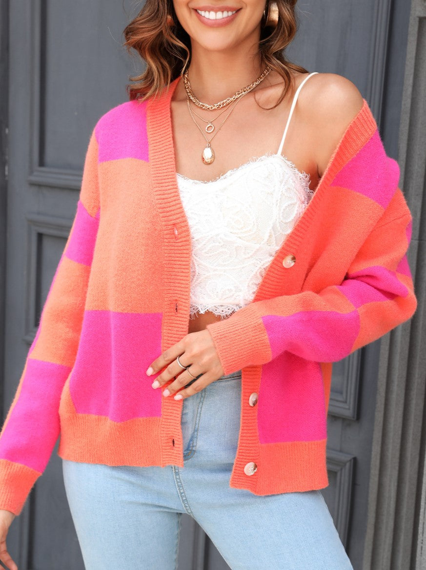 Patchwork Check Button Front Knit Cardigan