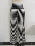 Striped Knit Bootcut Pants With Foldover Waist - Black