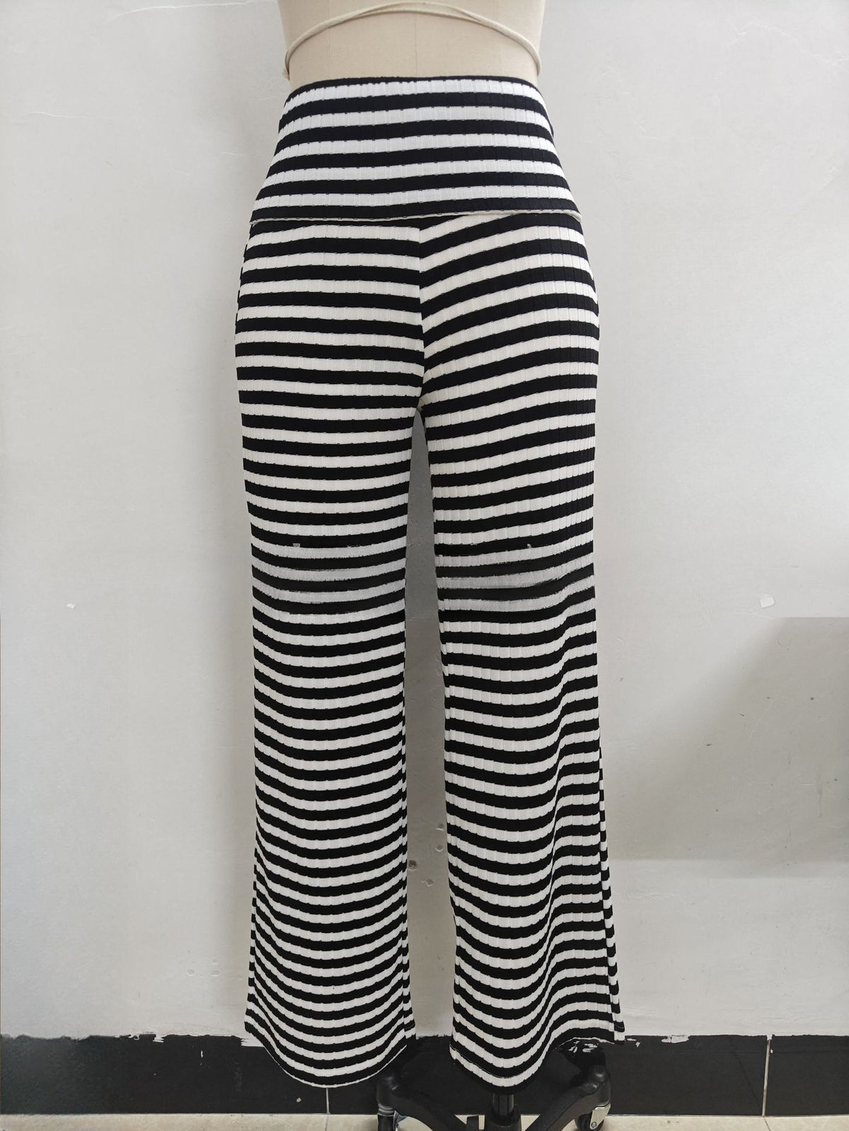 Striped Knit Bootcut Pants With Foldover Waist - Black