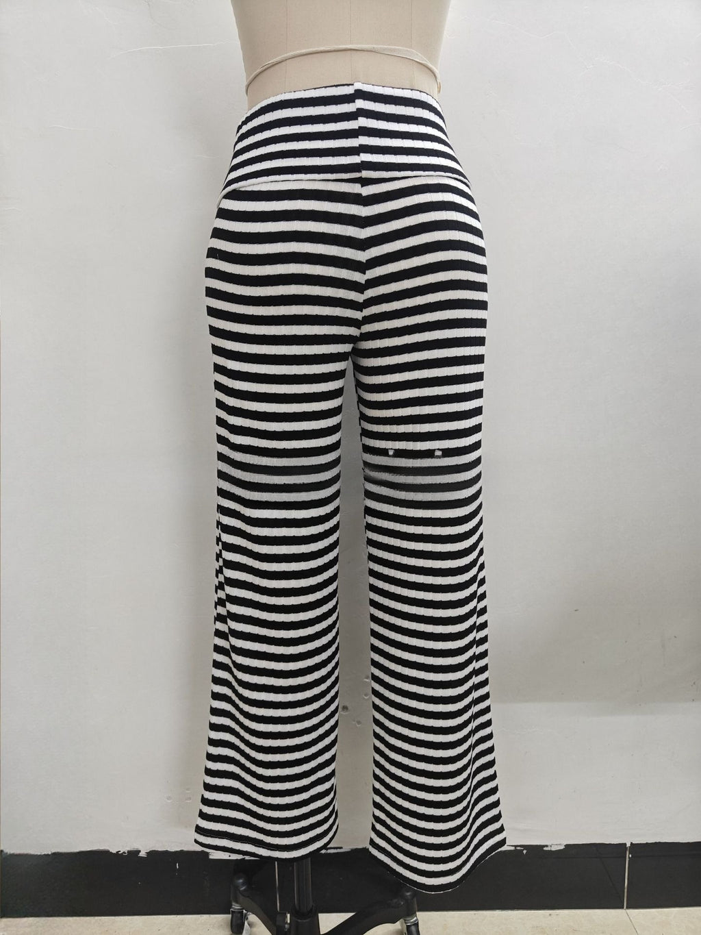 Striped Knit Bootcut Pants With Foldover Waist - Black - 1