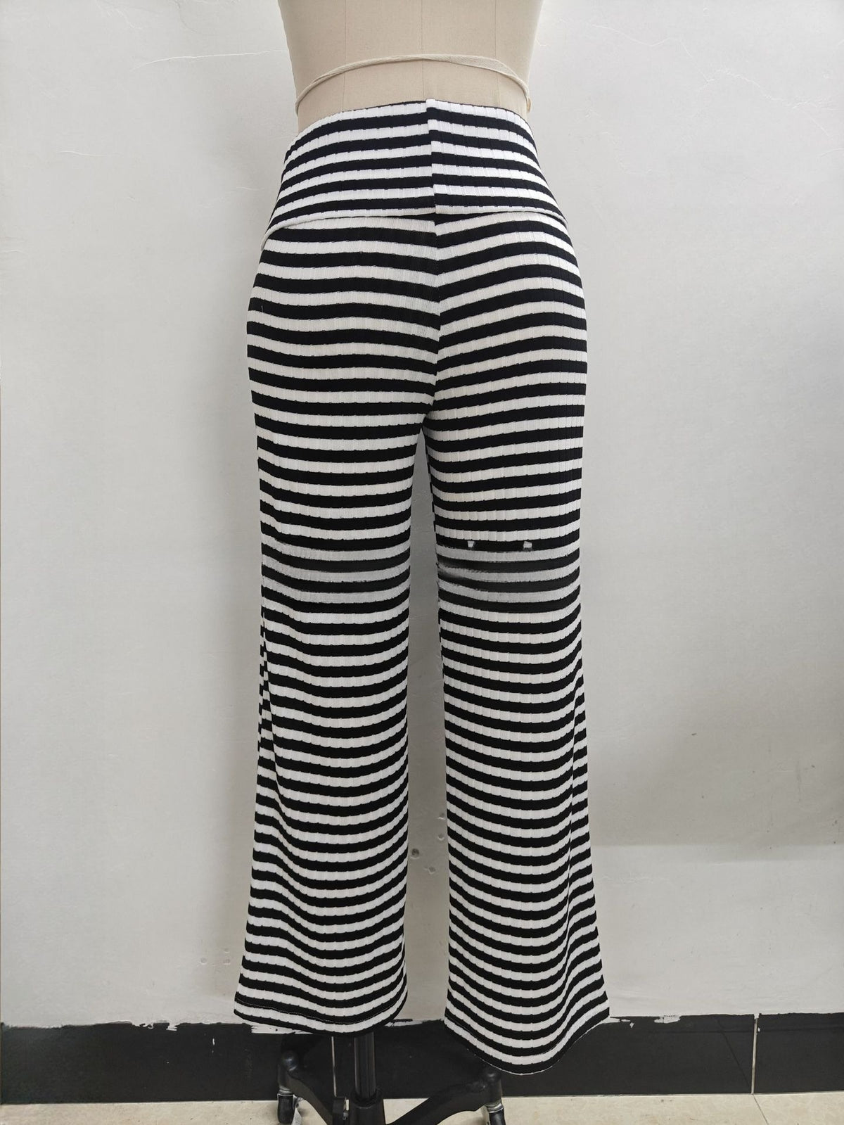 Striped Knit Bootcut Pants With Foldover Waist - Black - 1