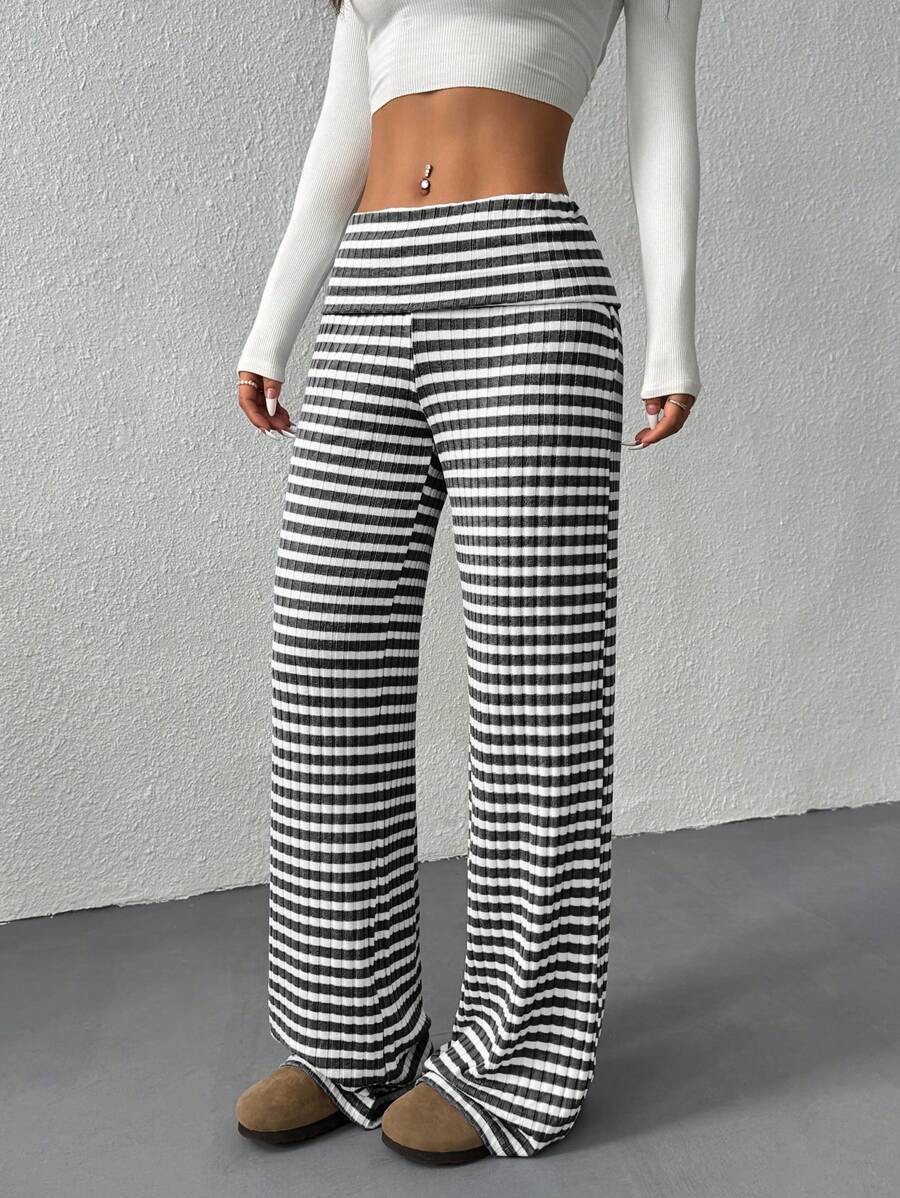 Striped Knit Bootcut Pants With Foldover Waist - Black - 2