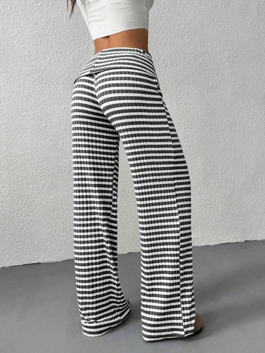 Striped Knit Bootcut Pants With Foldover Waist - Black - 3