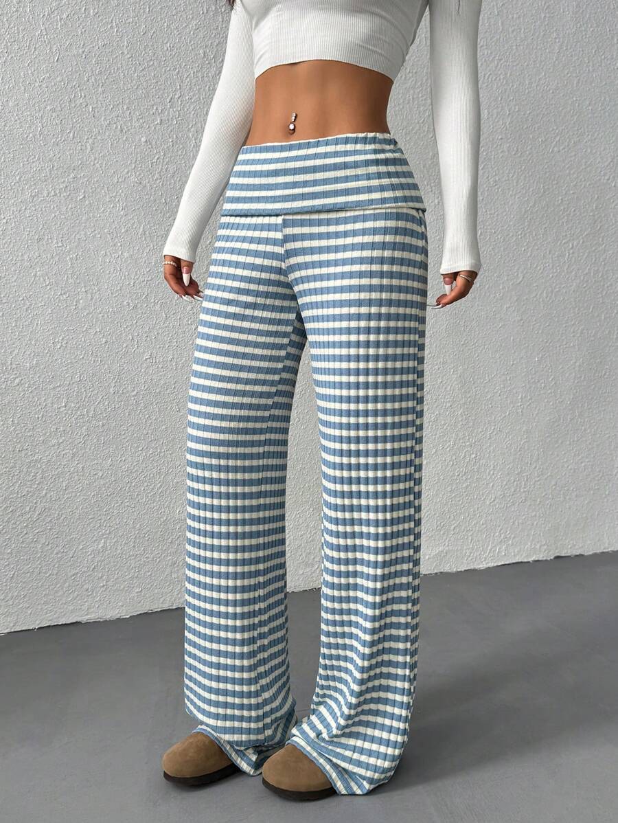 Striped Knit Bootcut Pants With Foldover Waist - Blue