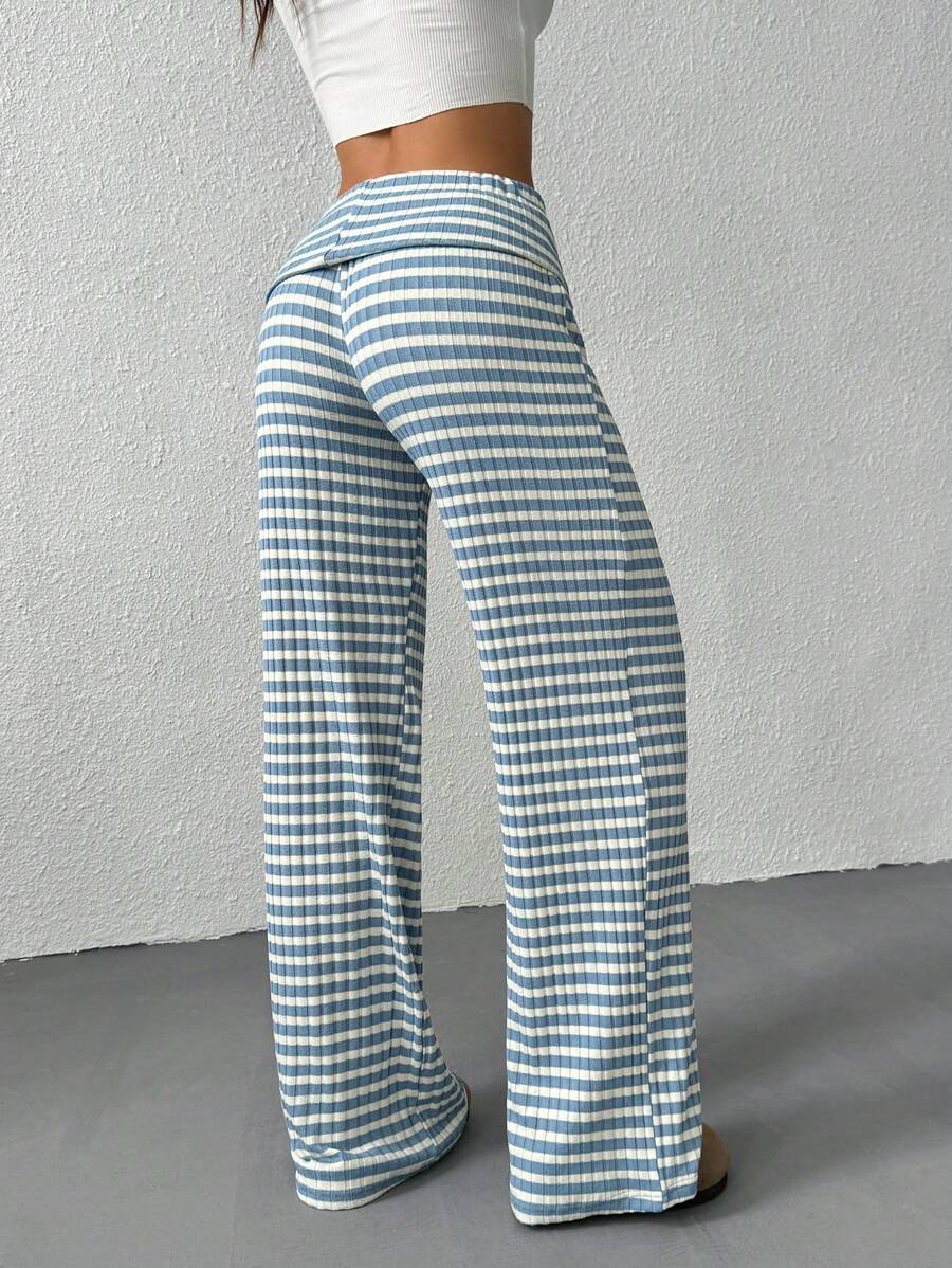 Striped Knit Bootcut Pants With Foldover Waist - Blue - 1