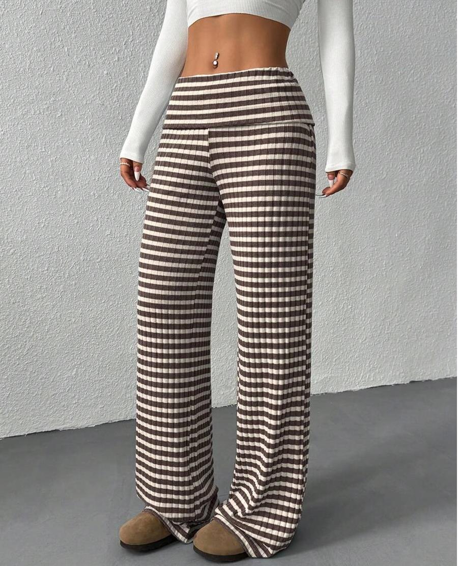 Striped Knit Bootcut Pants With Foldover Waist - Coffee