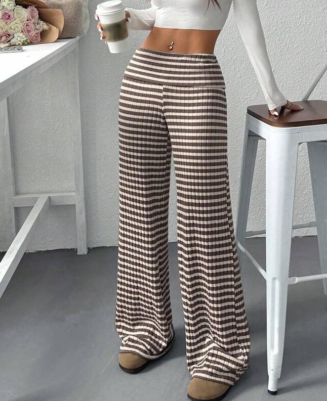 Striped Knit Bootcut Pants With Foldover Waist - Coffee - 1