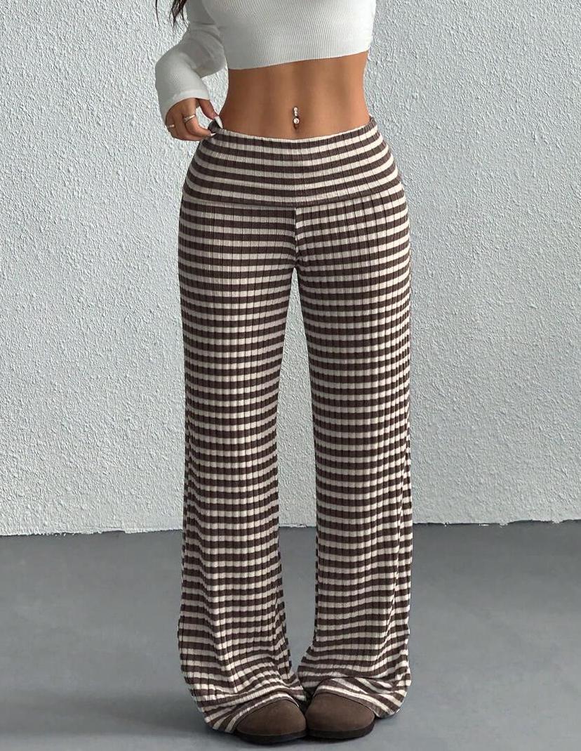 Striped Knit Bootcut Pants With Foldover Waist - Coffee - 2