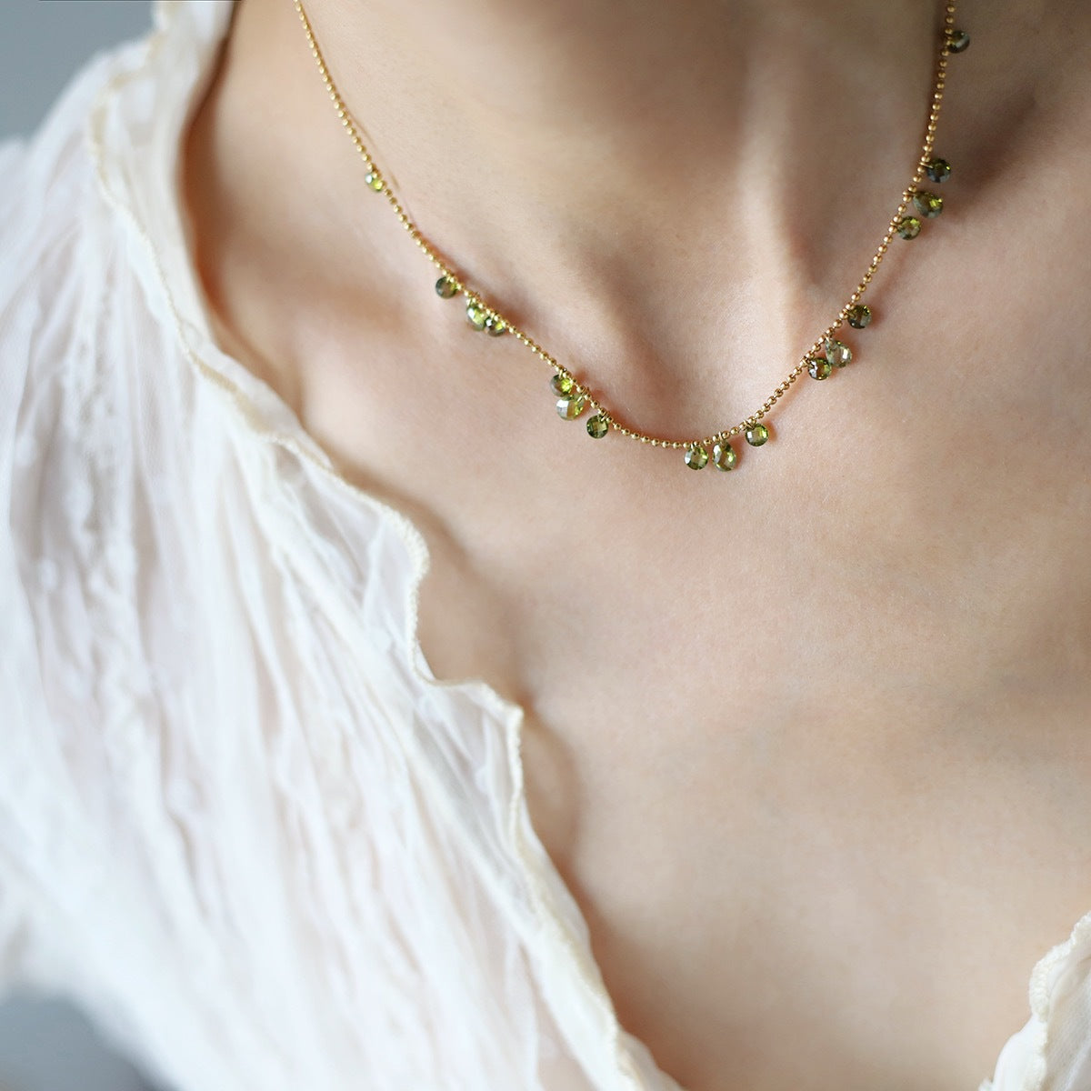 Dainty Teardrop Charm Station Necklace - Green - 1