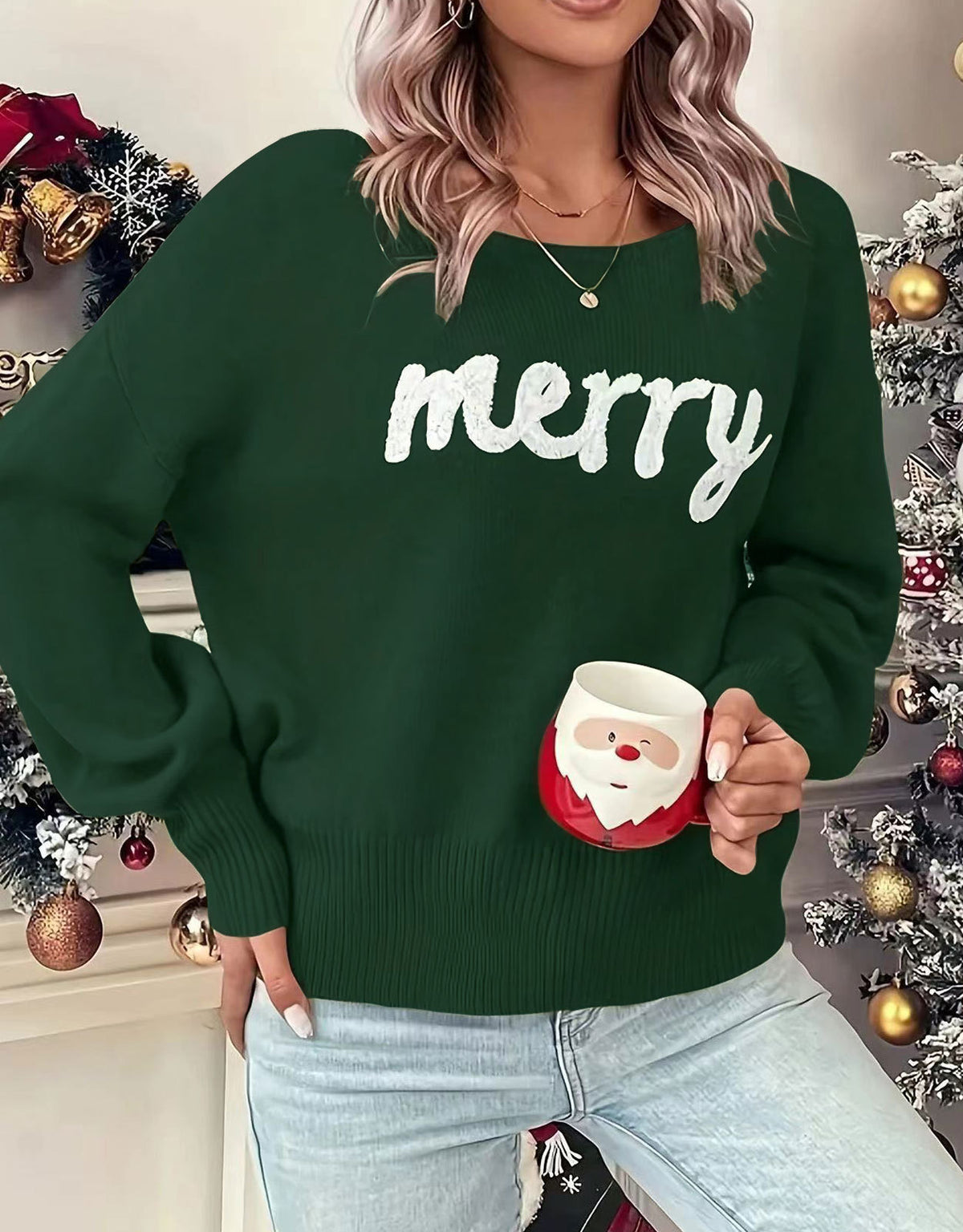 Merry Slogan Jacquard Christmas Sweater - Green - 1