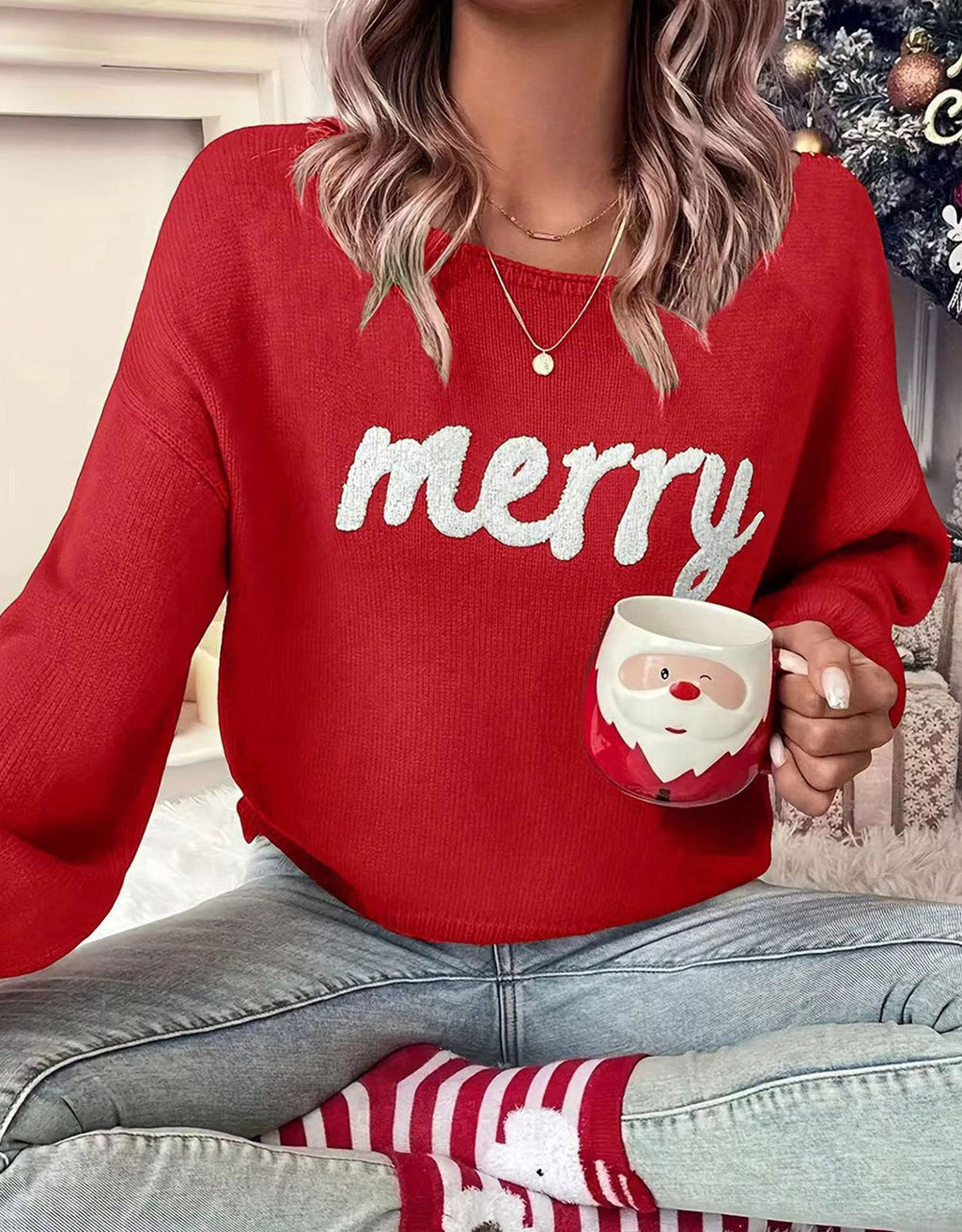 Merry Slogan Jacquard Christmas Sweater - Red - 1