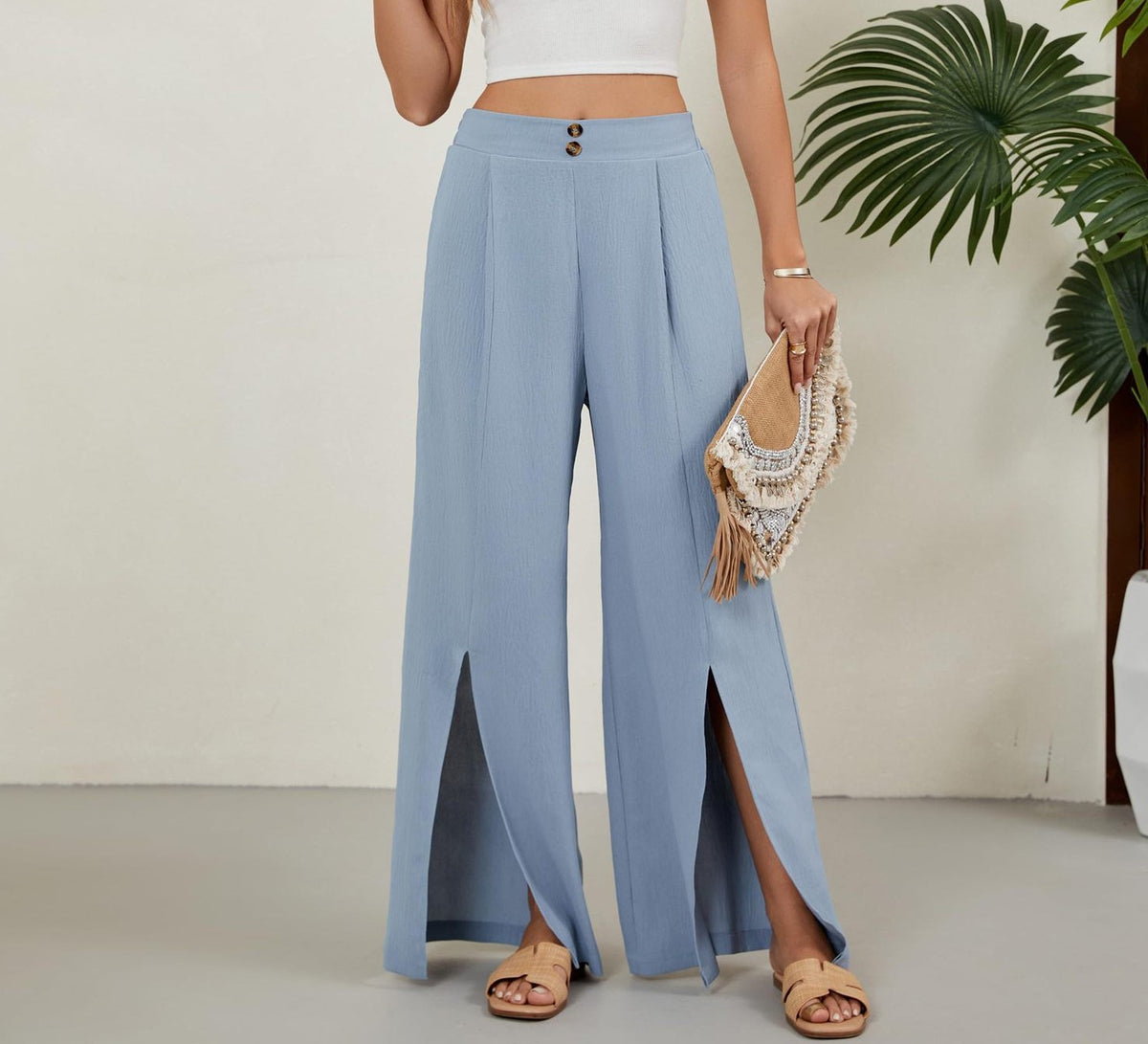Front Slit High Waist Wide Leg Trousers - Blue