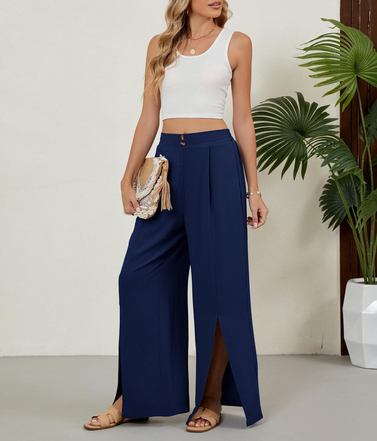 Front Slit High Waist Wide Leg Trousers - view 2