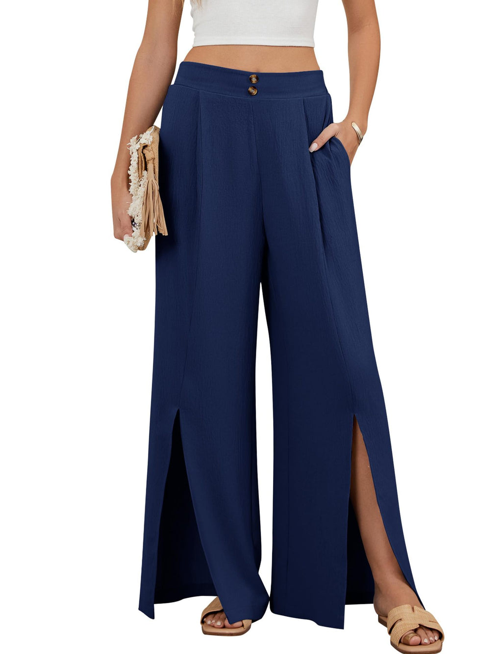 Front Slit High Waist Wide Leg Trousers - navy