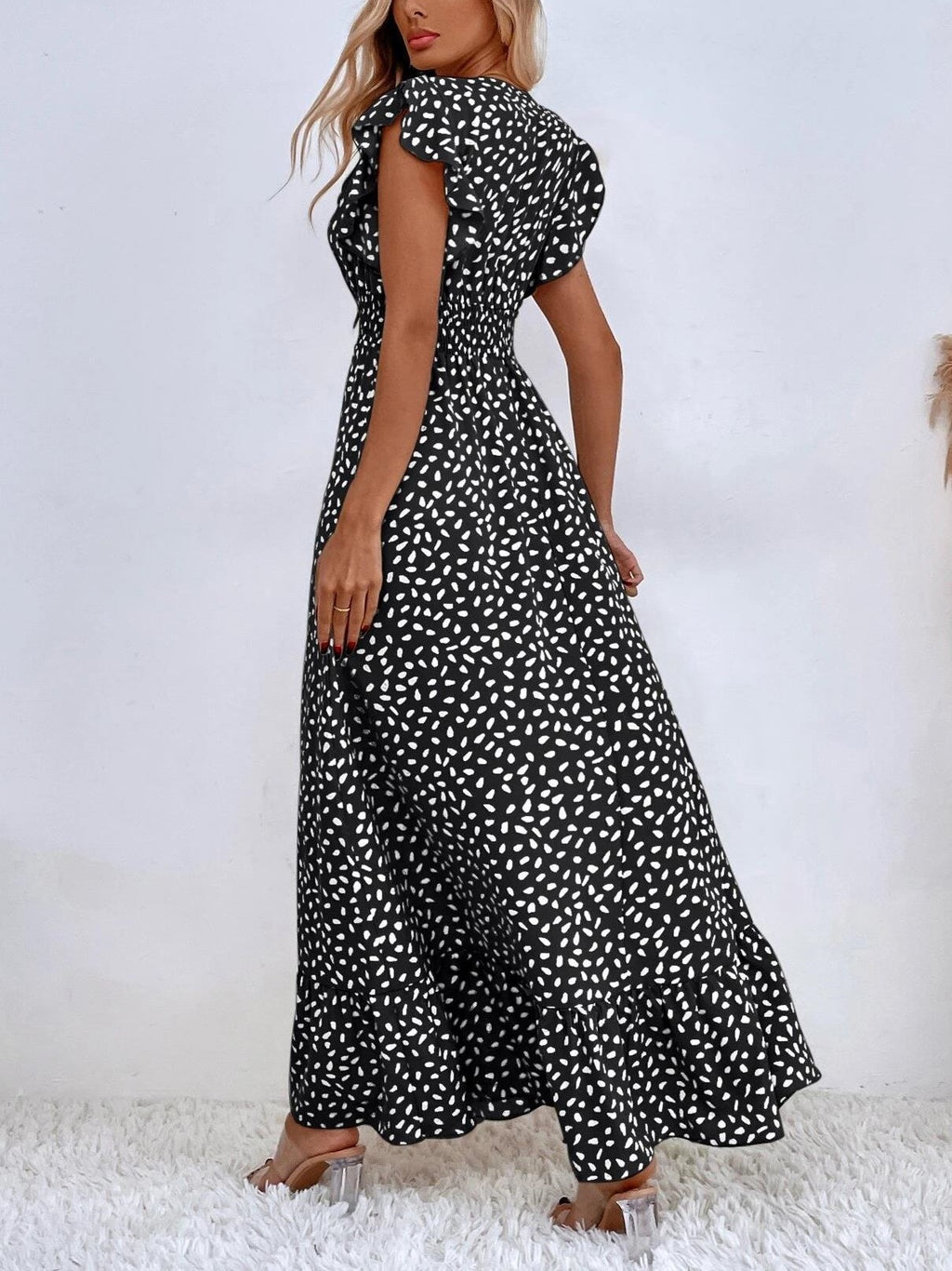Speckled Print Ruffle Sleeve Wrap Maxi Dress - Black - 2