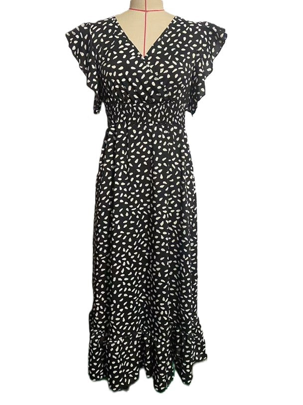 Speckled Print Ruffle Sleeve Wrap Maxi Dress - Black - 3
