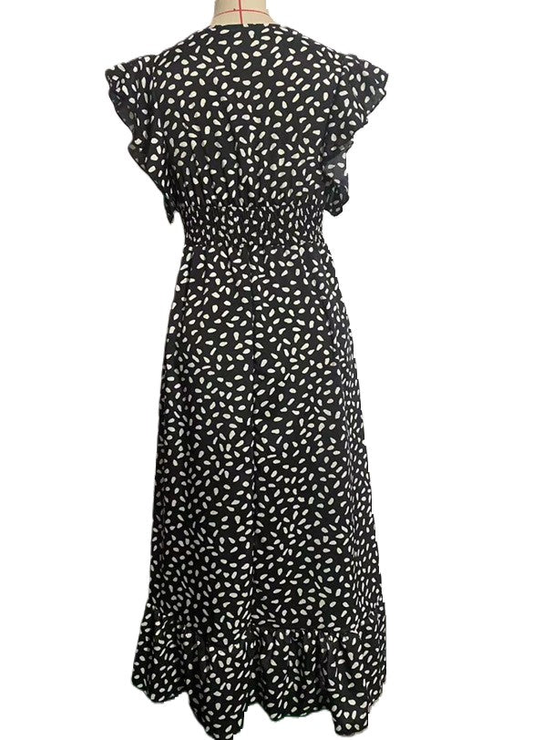 Speckled Print Ruffle Sleeve Wrap Maxi Dress - Black - 4