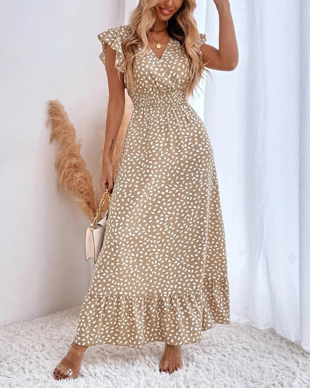 Speckled Print Ruffle Sleeve Wrap Maxi Dress - Khaki