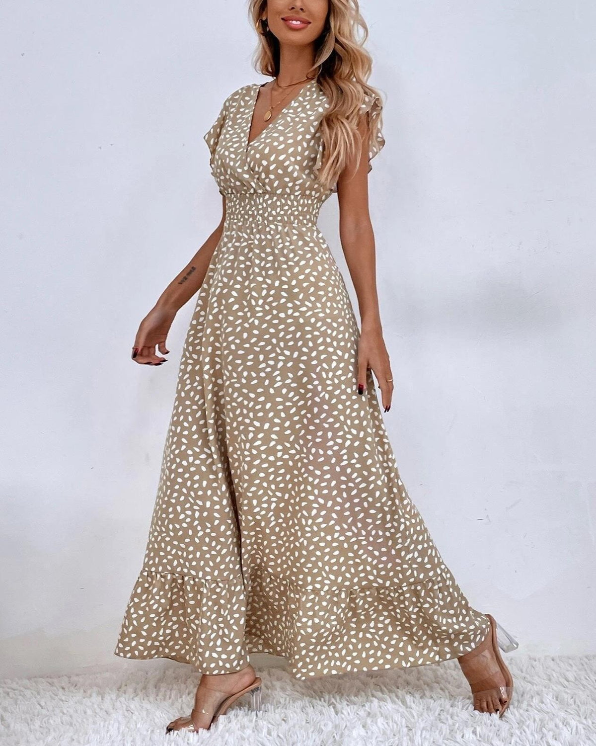 Speckled Print Ruffle Sleeve Wrap Maxi Dress - Khaki - 1