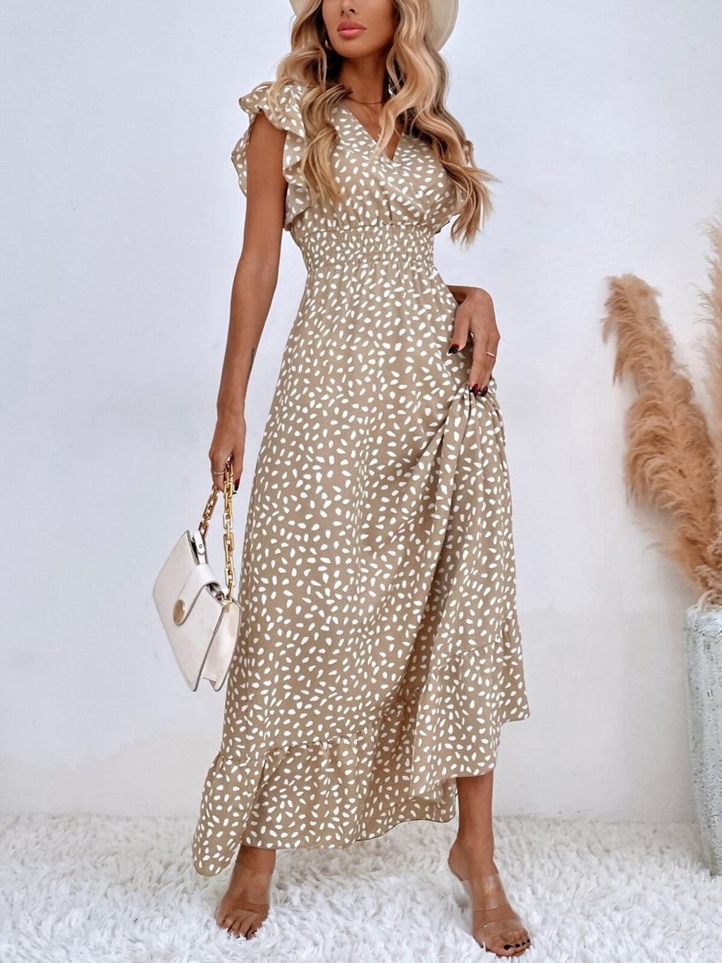 Speckled Print Ruffle Sleeve Wrap Maxi Dress - Khaki - 2