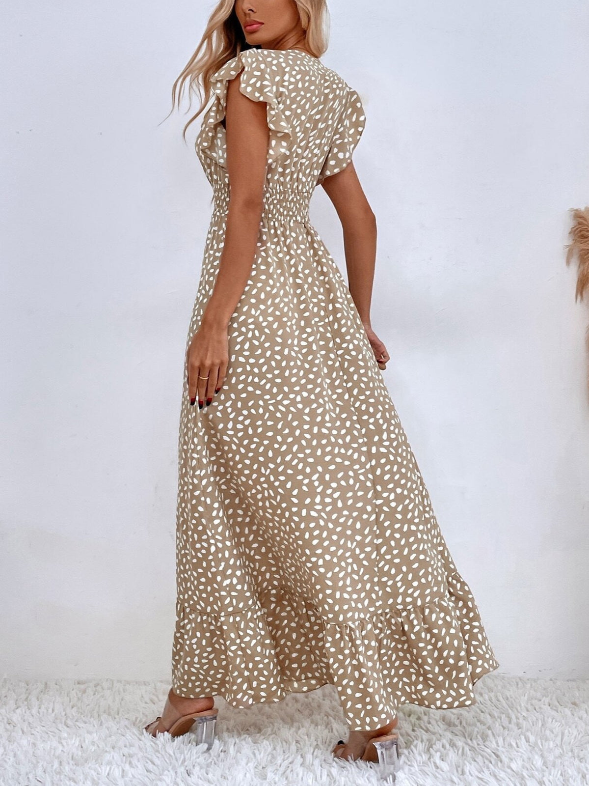 Speckled Print Ruffle Sleeve Wrap Maxi Dress - Khaki - 3
