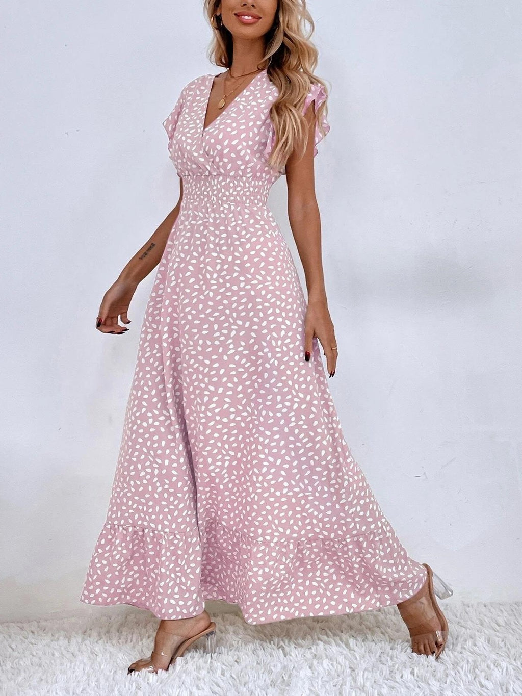 Speckled Print Ruffle Sleeve Wrap Maxi Dress - Purple - 1