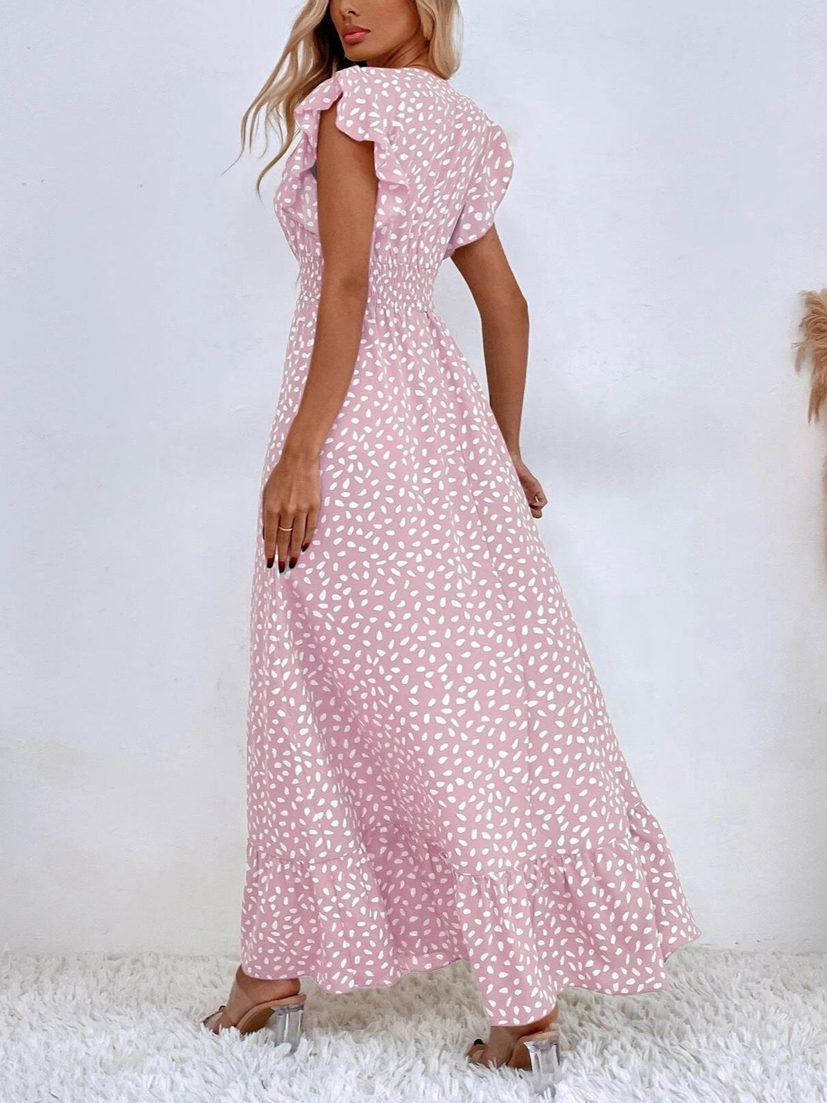 Speckled Print Ruffle Sleeve Wrap Maxi Dress - Purple - 3