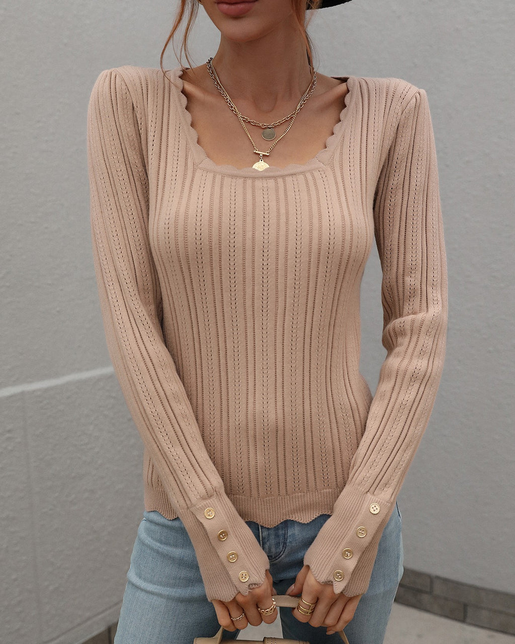Scalloped Square Neck Ribbed Knit Sweater - Apricot - 2