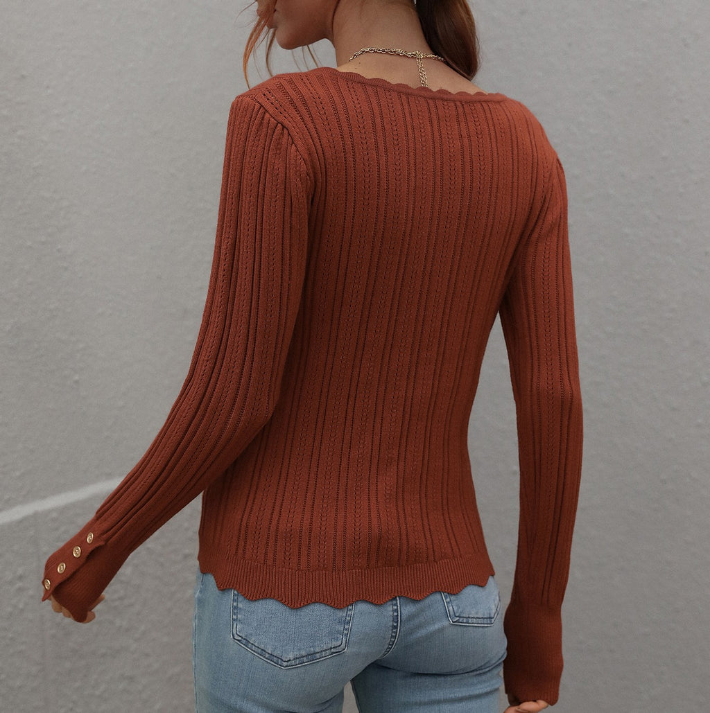 Scalloped Square Neck Ribbed Knit Sweater - Brickred - 1
