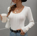 Scalloped Square Neck Ribbed Knit Sweater - White
