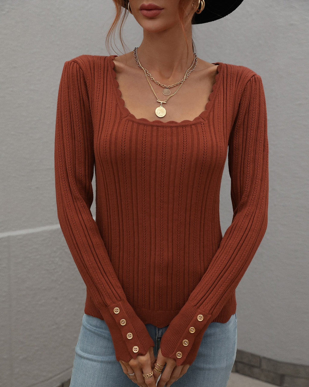 Scalloped Square Neck Ribbed Knit Sweater - view 1