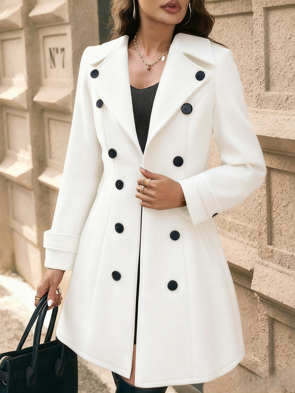 Double Breasted Notch Lapel Mid Length Coat - Apricot