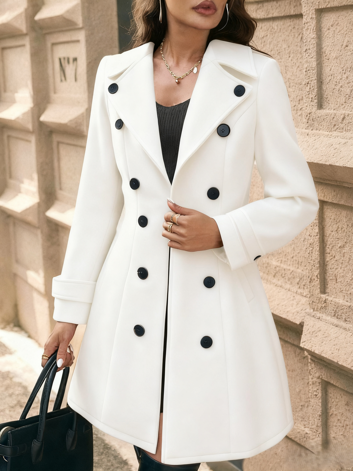 Double Breasted Notch Lapel Mid Length Coat - Apricot