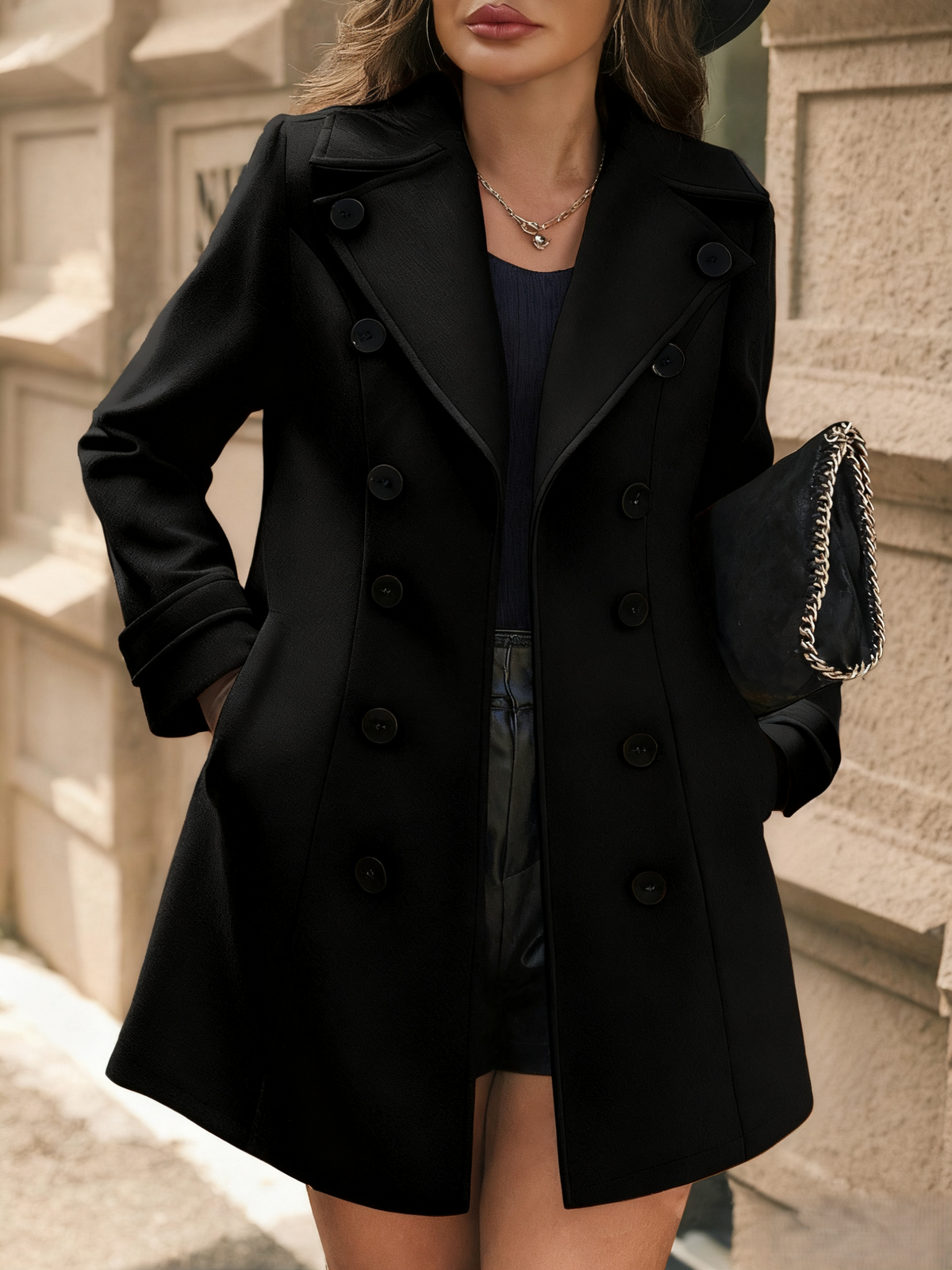 Double Breasted Notch Lapel Mid Length Coat - Black
