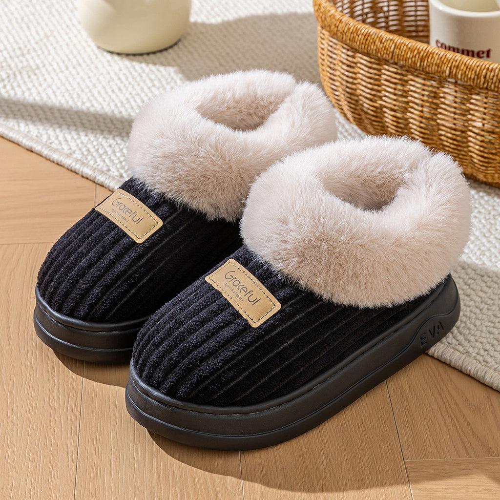 Faux Fur Cuff Ribbed Bootie Slippers - Black