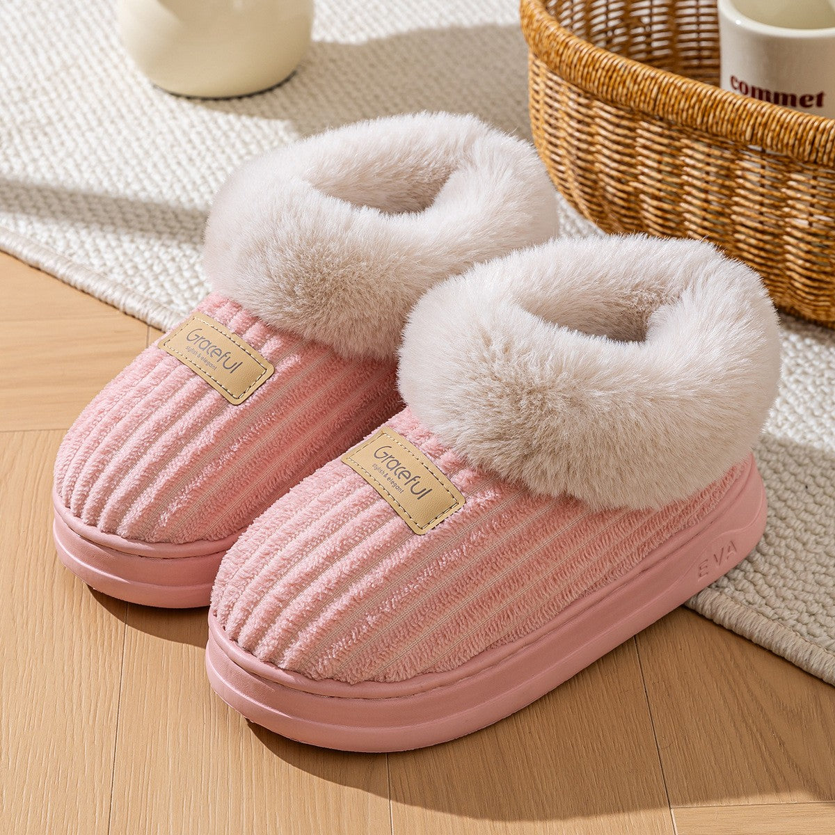 Faux Fur Cuff Ribbed Bootie Slippers