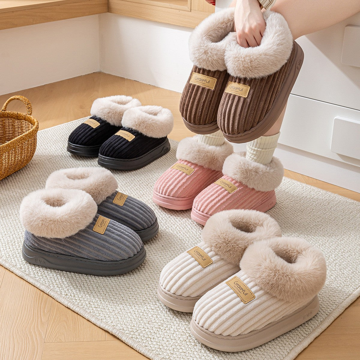 Faux Fur Cuff Ribbed Bootie Slippers