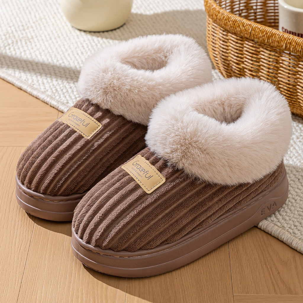 Faux Fur Cuff Ribbed Bootie Slippers